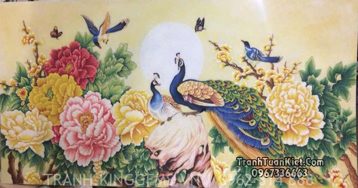 Đôi uyên ương chim công và hoa mẫu đơn