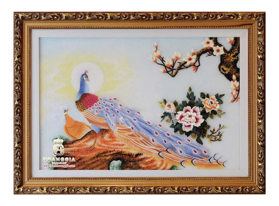 tranh đá quý đôi công hoa mẫu đơn