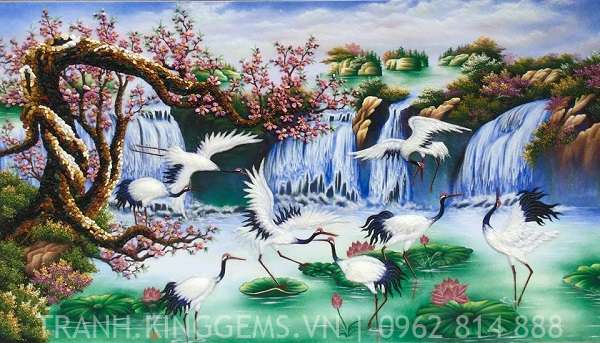 tranh đá quý sen hạc
